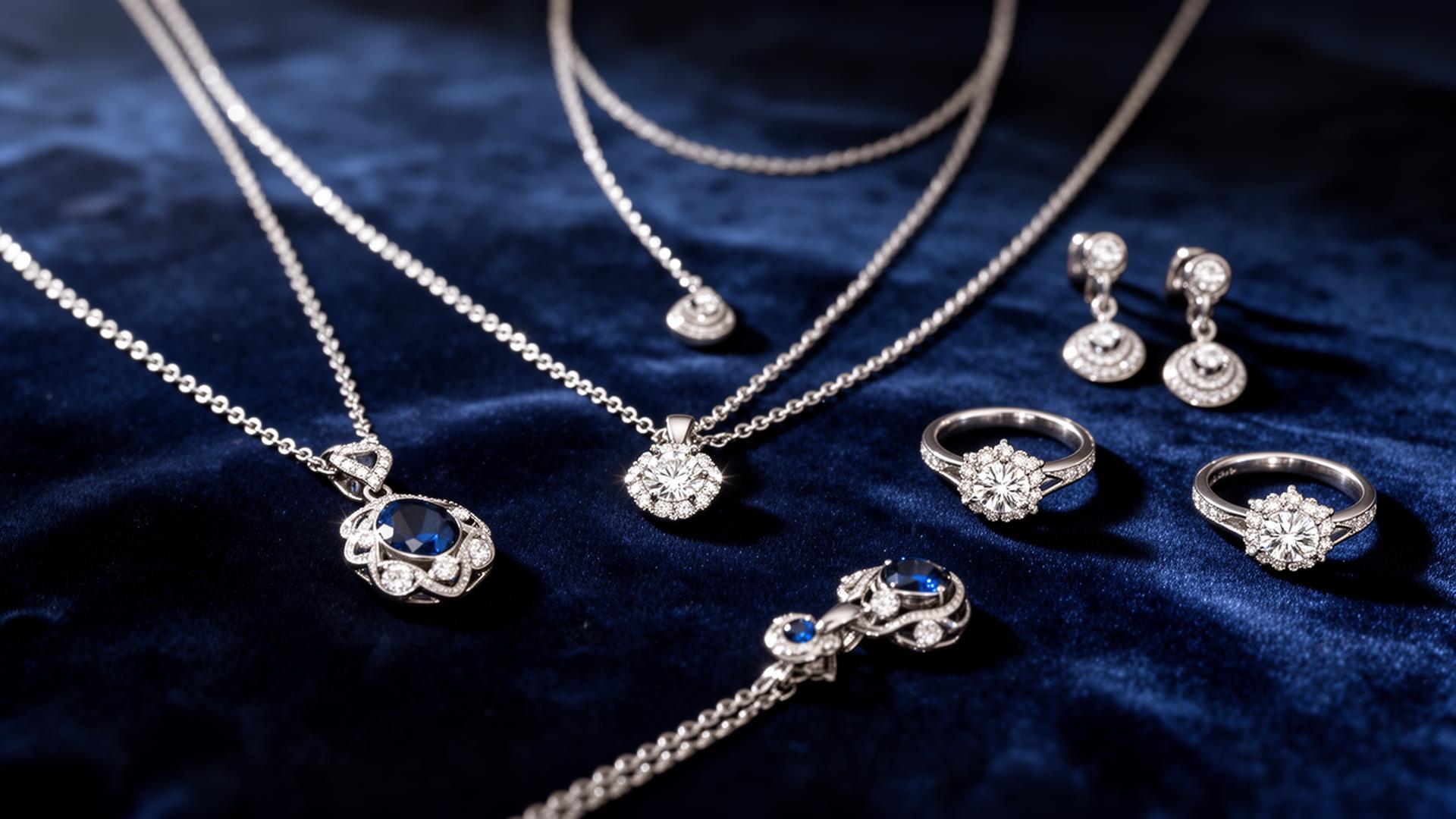 Silver jewellery on navy velvet